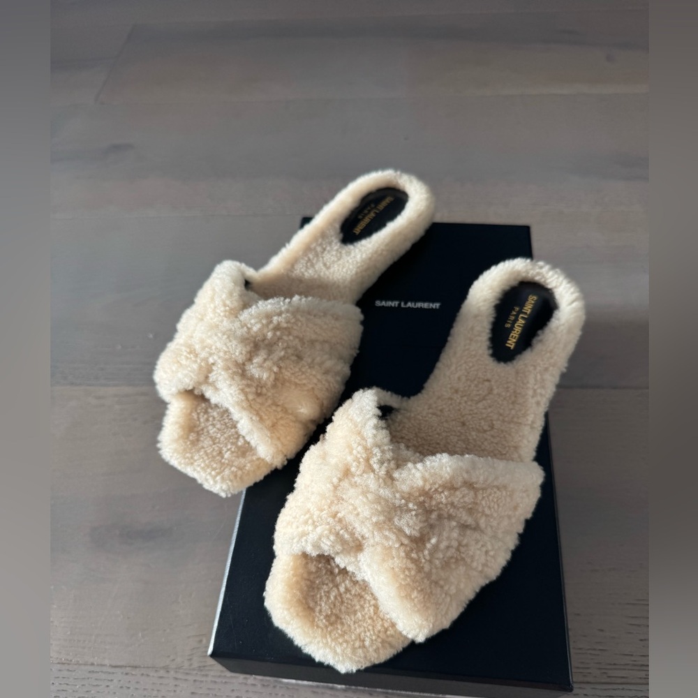 Saint Laurent Plush Crossover Shearling Slides in Cream